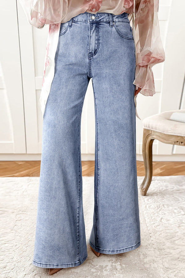 Beau Blue Button Zip Fly High Waist Flared Hem Jeans