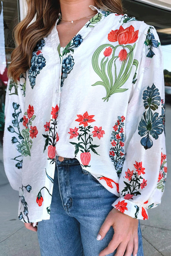 White Floral Print V Neck Loose Drop Sleeve Shirt