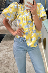 Pink Short Bubble Sleeve Summer Floral Blouse