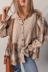 Mist Green Boho Floral Plaid Patchwork Waffle Knit Distressed Jacket