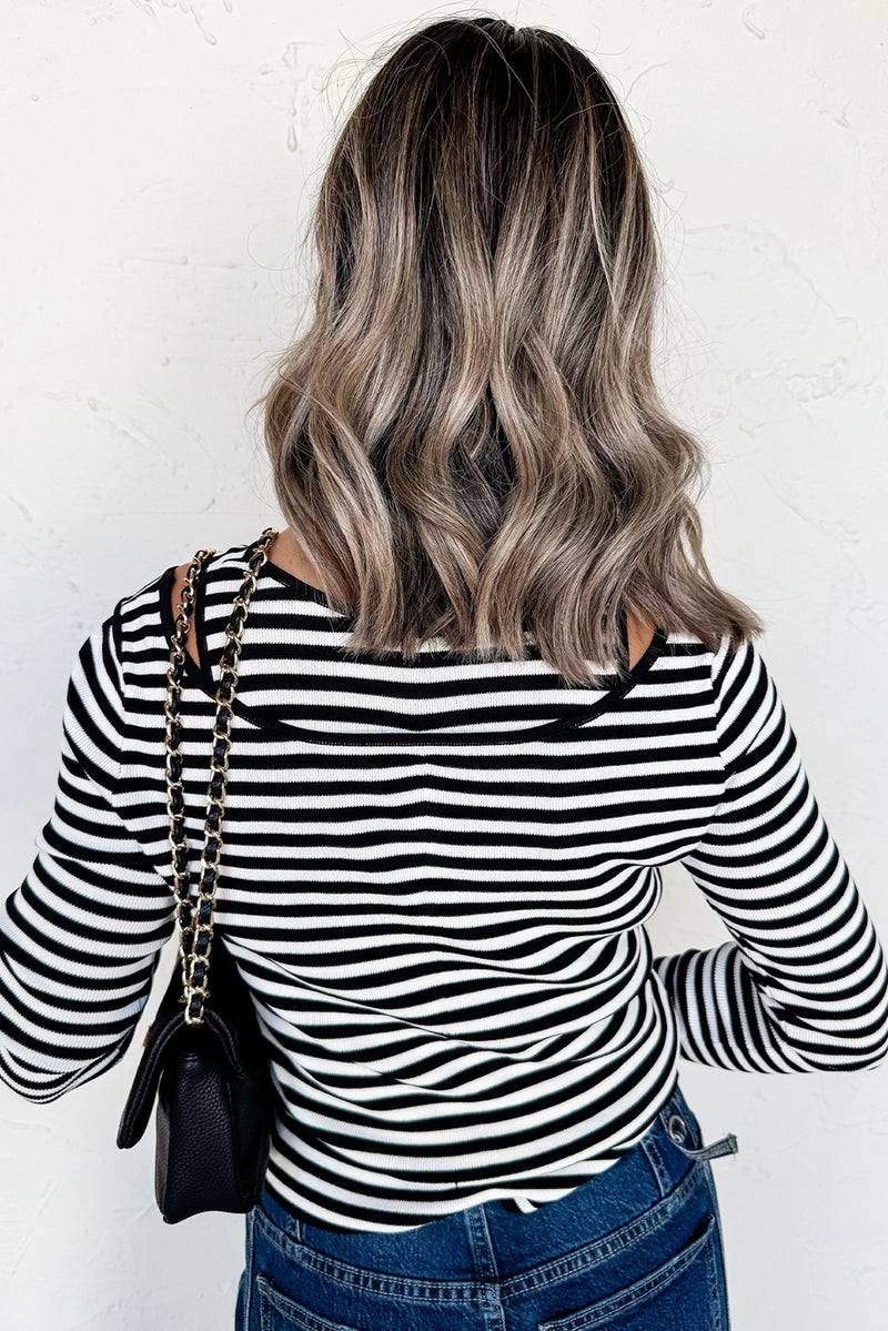Black Striped Cutout Long Sleeve Top