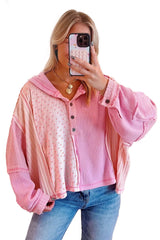 Pink Mixed Texture Waffle Floral Patchwork Hooded Oversized Pullover Top