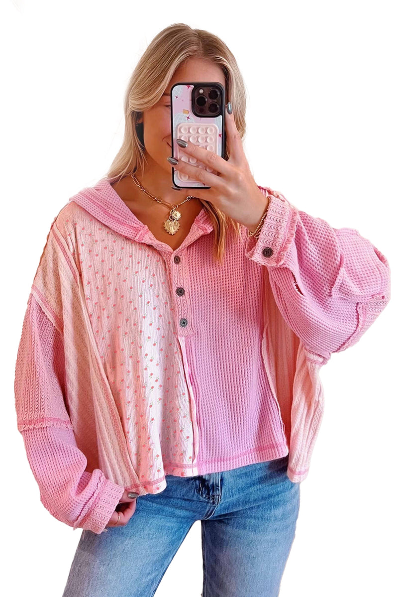 Pink Mixed Texture Waffle Floral Patchwork Hooded Oversized Pullover Top
