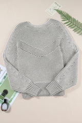 Light French Beige Striped Print Ribbed Knit Raglan Sleeve Baggy Sweater
