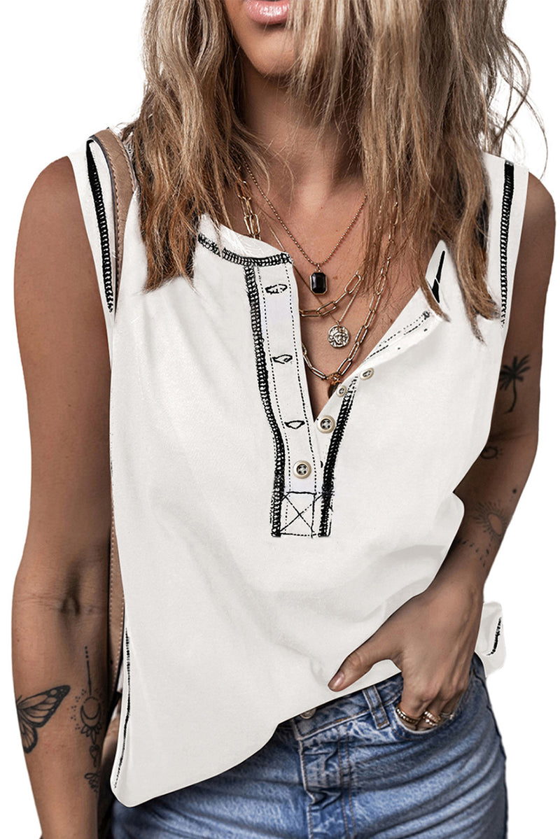 Mist Green Stitching Seam Henley Tank Top