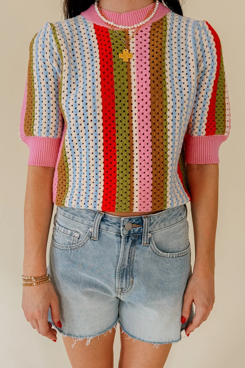 Multicolour Striped Pointelle Knit Short Sleeve Sweater