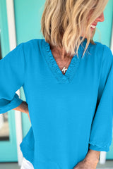 Sky Blue Frill V Neckline Puff Sleeve Crinkled Blouse