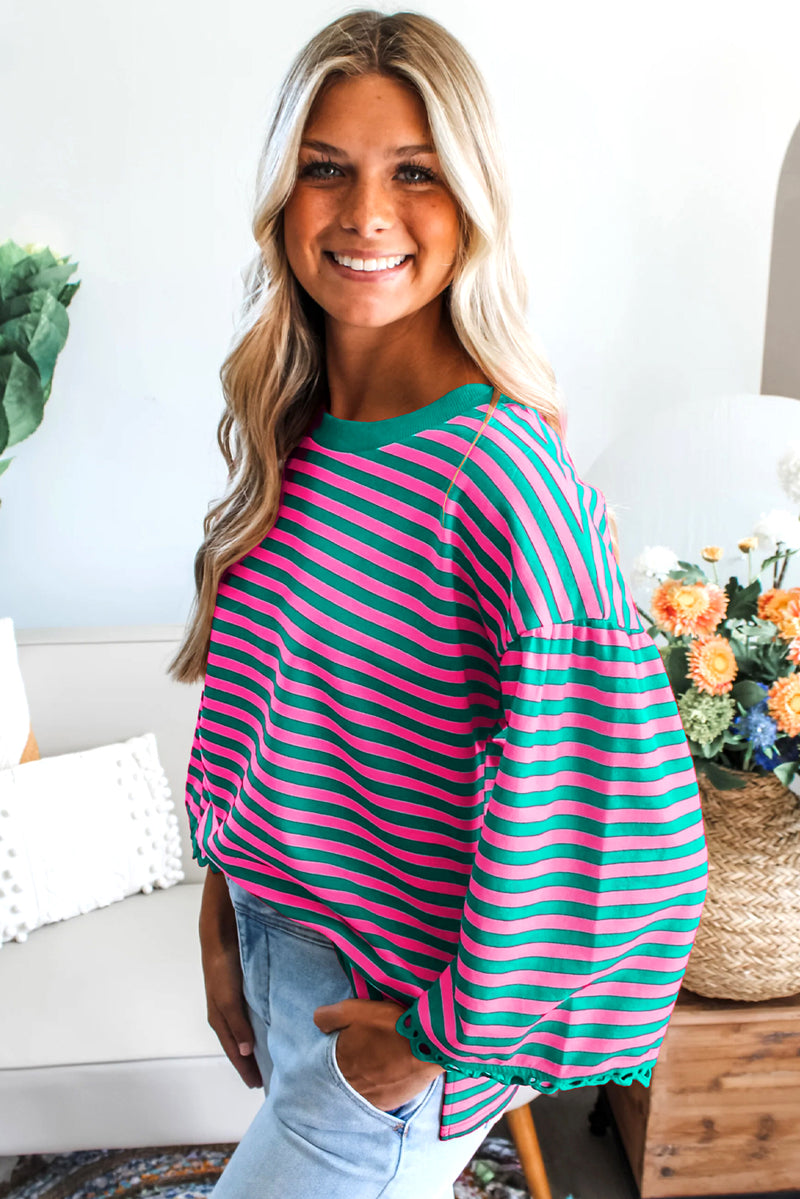 Racing Red Striped Round Neck Contrast Trim Bell Sleeve Top