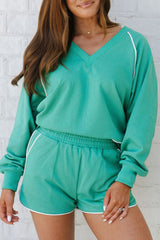 Dark Green V Neck Piping Trim Pullover Top and Shorts Set