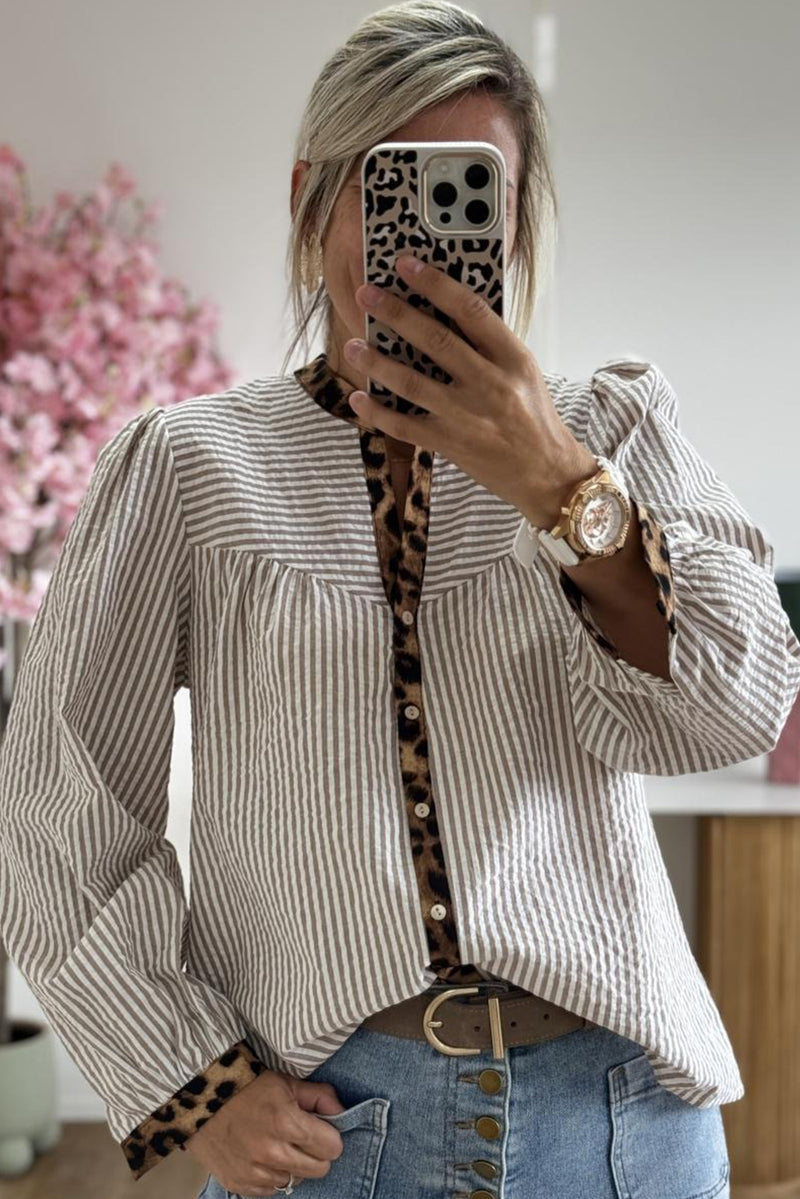 Brown Stripe Leopard Print Patchwork Puff Sleeve Shirt