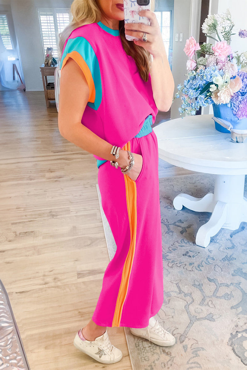 Chestnut Colorblock Cap Sleeve Tee and Wide Leg Pants Set