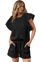 Black Textured Ruffle Sleeve Tee and Drawstring Shorts Set