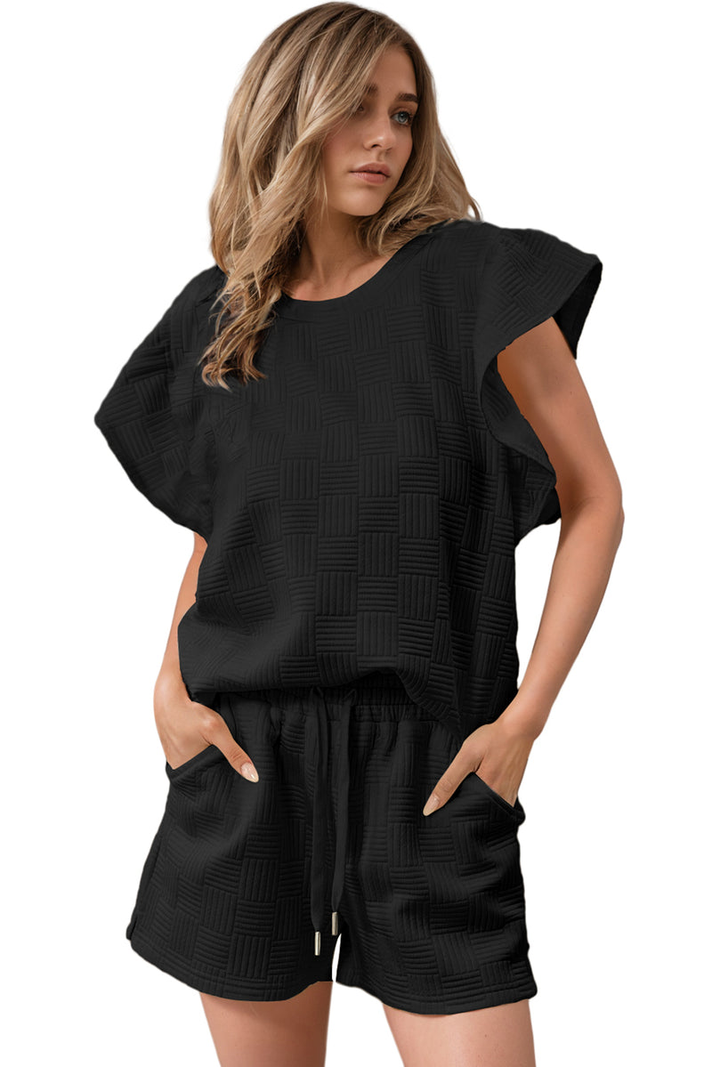 Black Textured Ruffle Sleeve Tee and Drawstring Shorts Set