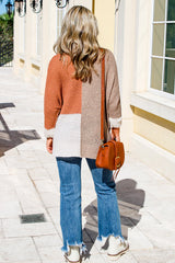 Chestnut Color Block Knit V Neck Loose Sweater