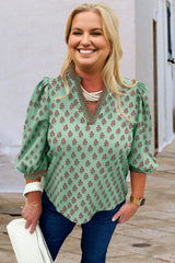 Green Plus Size Floral Print Contrast Trim V Neck Bracelet Sleeve Blouse