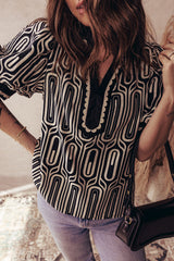 Black Geometric Print Contrast Scallop Color Block Patchwork Short Sleeve Blouse