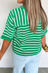 Green Stripe Ribbed Patchwork Seam Detail Half Sleeve Tee