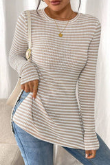 Jet Stream Striped Side Slit Round Neck Long Sleeve Top
