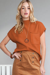 Dark Blue Patch Pocket Ribbed Knit Short Sleeve Sweater