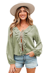 Meadow Mist Green Bow Tie Front Ruffle Trim V Neck Long Sleeve Blouse