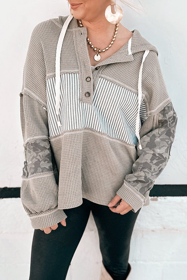 Gray Waffle Patchwork Drawstring Hooded Long Sleeve Top