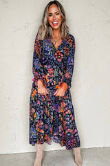 Blue Floral Print Tassel Tie V Neck Long Sleeve Flowy Maxi Dress