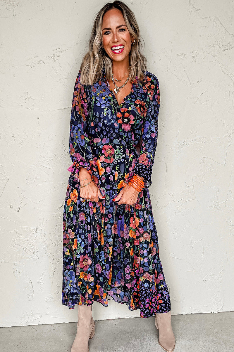 Blue Floral Print Tassel Tie V Neck Long Sleeve Flowy Maxi Dress