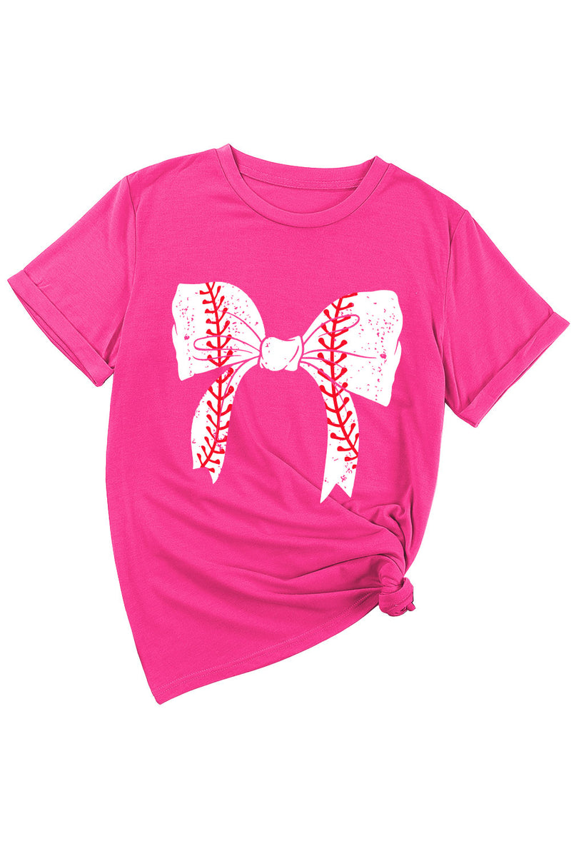 Rose Red Casual Baseball Bowknot Graphic Tee