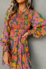 Multicolour Floral Print Long Sleeve Smocked Ruffled Mini Dress