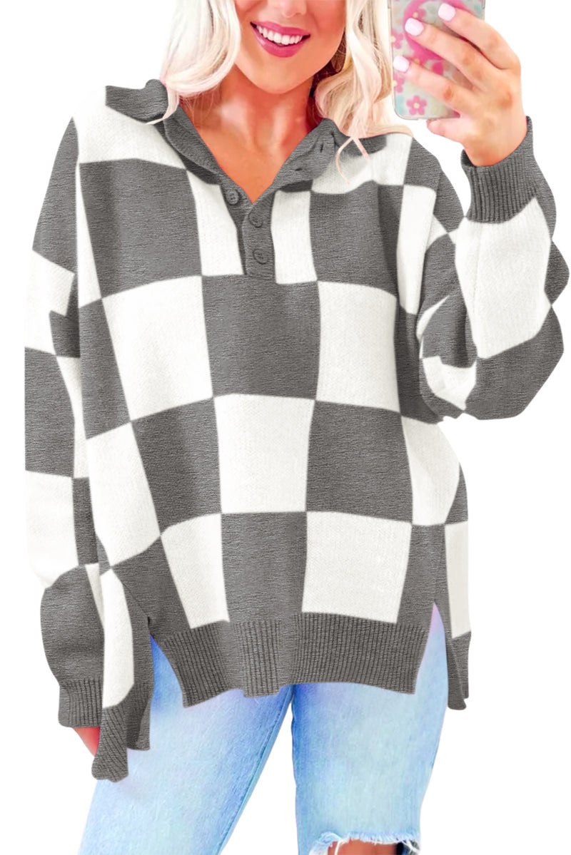 Sky Blue Checkered Button Collared Sweater