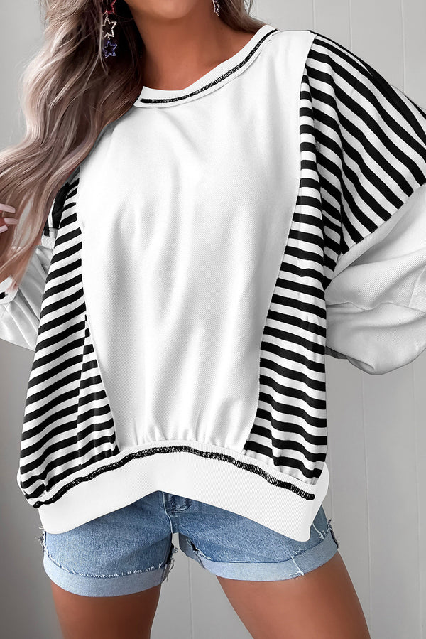 White Striped Colorblock Patchwork Oversized Sweatshirt