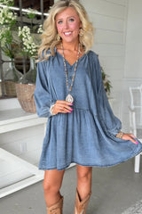 Myosotis Denim Puff Sleeve V Neck Ruffled Loose Mini Dress