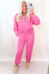 Bright Pink Raw Edge Henley Pullover and Jogger Pants Set