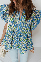 Sky Blue Tiered Flutter Sleeve Pleated Flower Blouse