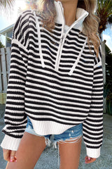 Sky Blue Stripe Zip up Collar Drop Shoulder Sweater