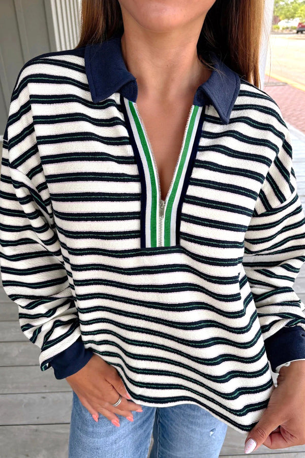 Navy Blue Pop of Color V Neck Striped Long Sleeve Top