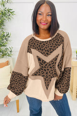 Light French Beige Star Leopard Patchwork Sweatshirt