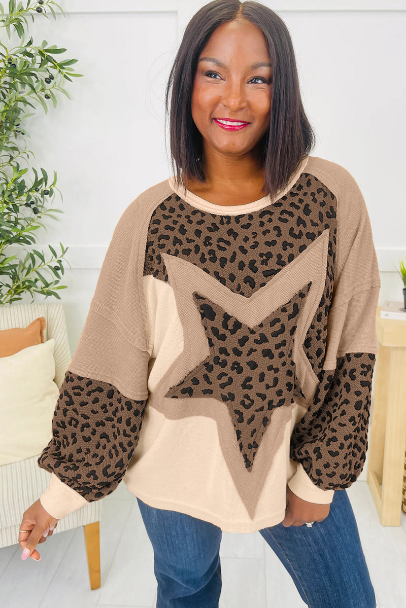 Light French Beige Star Leopard Patchwork Sweatshirt
