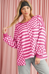 Khaki Checkered Striped Patchwork Lantern Sleeve Top