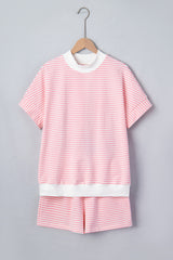 Sky Blue Stripe Cuffed Sleeve Contrast Mock Neck Tee Casual 2pcs Short Set