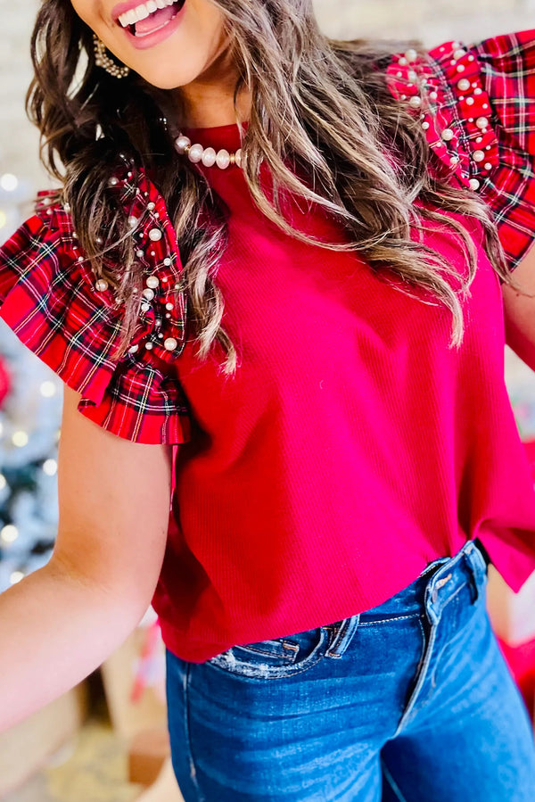 Racing Red Pearl Plaid Ruffle Sleeve Loose T Shirt