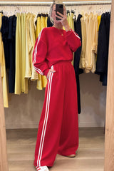 Oatmeal Varsity Striped Detail Cropped Pullover Wide Leg Pants 2pcs Outfit