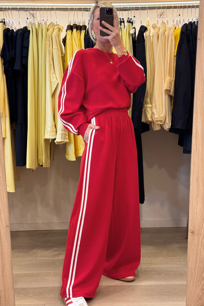 Oatmeal Varsity Striped Detail Cropped Pullover Wide Leg Pants 2pcs Outfit