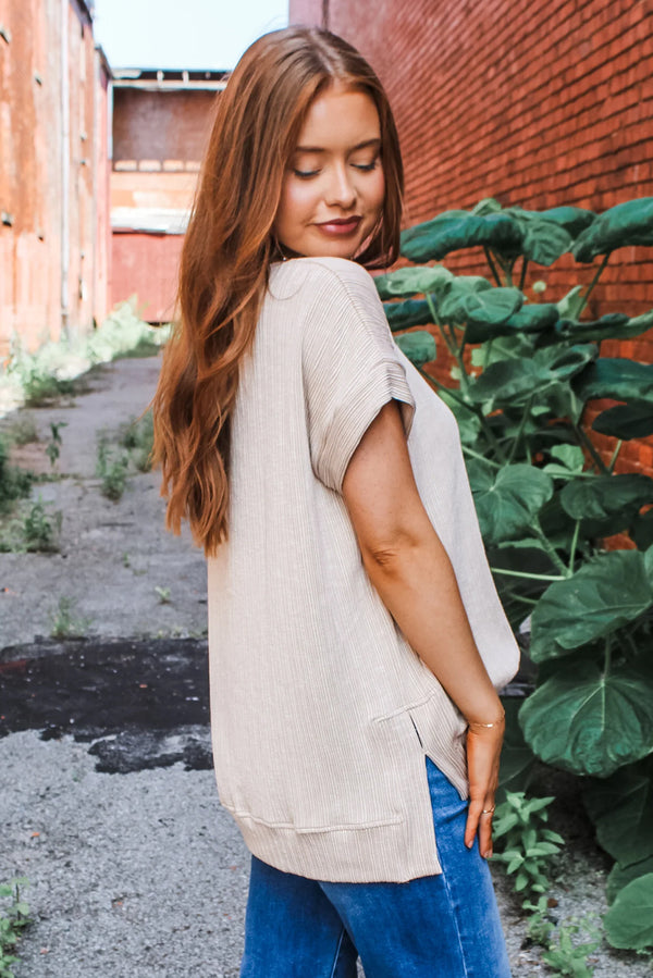 Jet Stream Textured Side Slits Short Sleeve Top