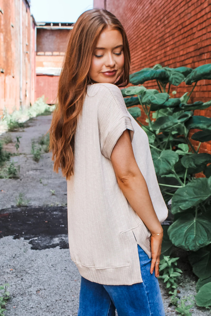 Jet Stream Textured Side Slits Short Sleeve Top