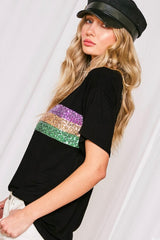 White Colorblock Sequin Mardi Gras Crewneck T Shirt