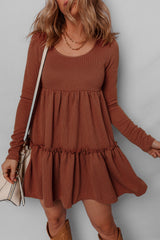 Straw Yellow Ribbed Frilled Trim High Waist Long Sleeve Mini Dress