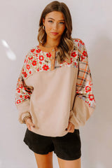 Parchment Floral Plaid Patchwork Henley Top