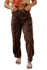 Brown Clear Seam Detail Patchwork Leopard Print Jeans