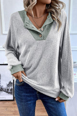 Jet Stream Contrast Ribbed Loose Fit Henley Top